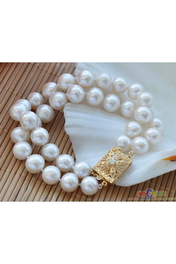 P3913 2row 8" 11mm round white freshwater pearl bracelet