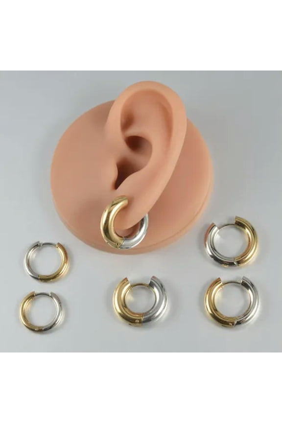 PAIR Men Women Thick Huggie Hoop Earrings Fake Ear Plug Stainless Steel Piercing-Gold&Silver-5mm-1pair