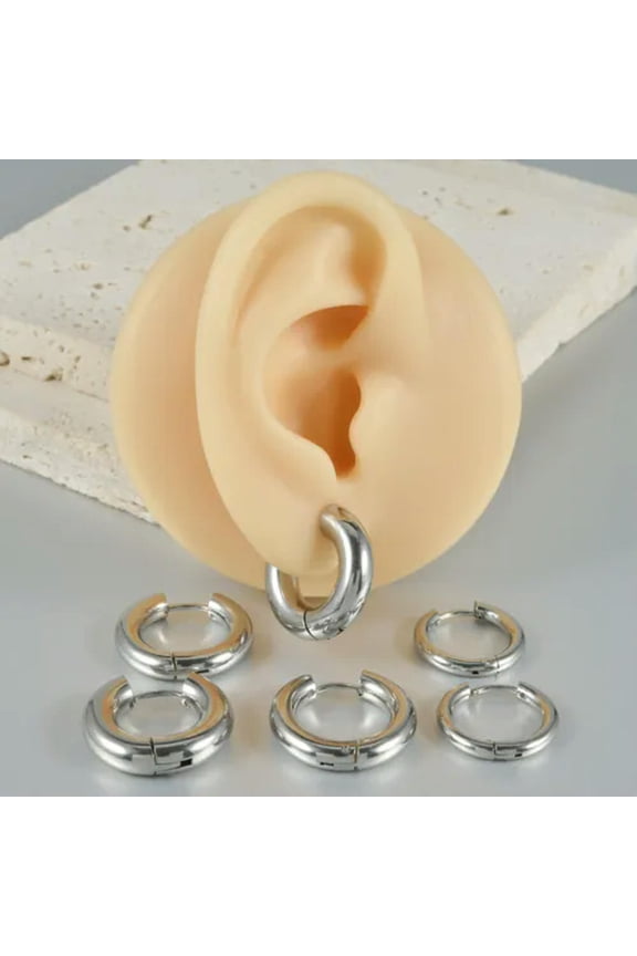 PAIR Men Women Thick Huggie Hoop Earrings Fake Ear Plug Stainless Steel Piercing-Silver-2.5mm-1pair