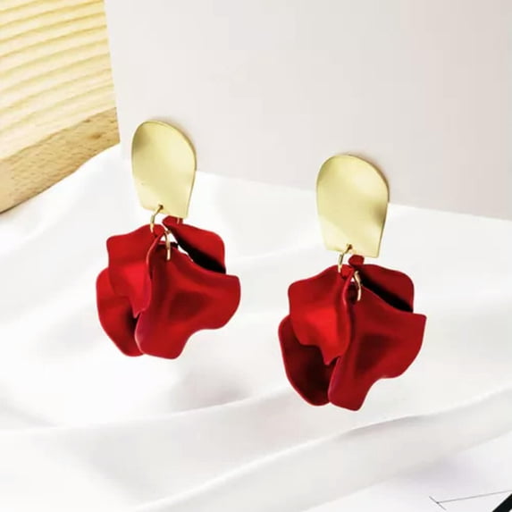 K-KED Pair Women Dangle Drop Earrings Rose Petal Long Tassel Earrings Delicate Jewelry Earrings-Red-2