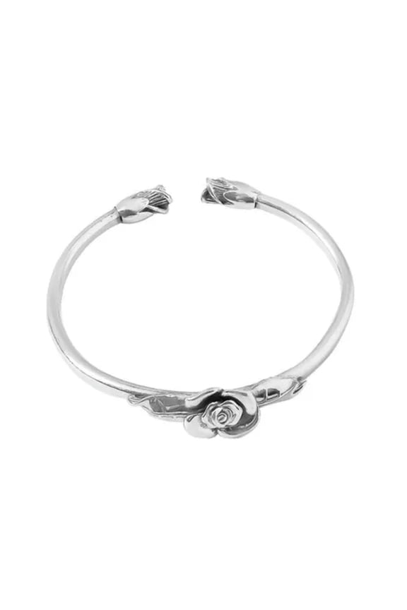 Pated Silver Vintage Rose Open Cuff Bracelet Retro Elegant Bangle