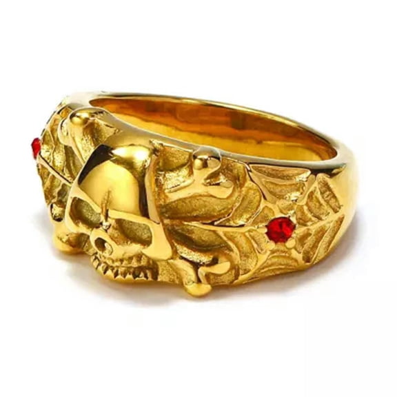 K-KED Personality Skull Head Micro Diamond Punk Men's Stainless Steel Rings Size 7-13-7-Red