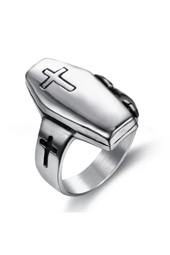 Personalized Vintage Zombie Coffin Cross Stainless Steel Rings Size 7-15-7