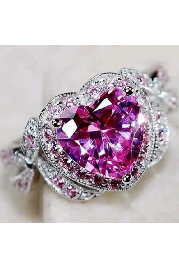 Pink Heart Zircon Bow Rings for Women Engagement Party Cocktail Delicate Jewelry Gift-8-Pink