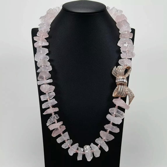 K-KED Pink Rose Quartz Rough Raw Necklace Rose Gold Plated CZ Pave Bowknot Connector