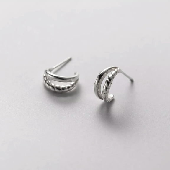 K-KED Plain Simple Dual Lines 925 Sterling Silver Half Hoop Stud Earrings