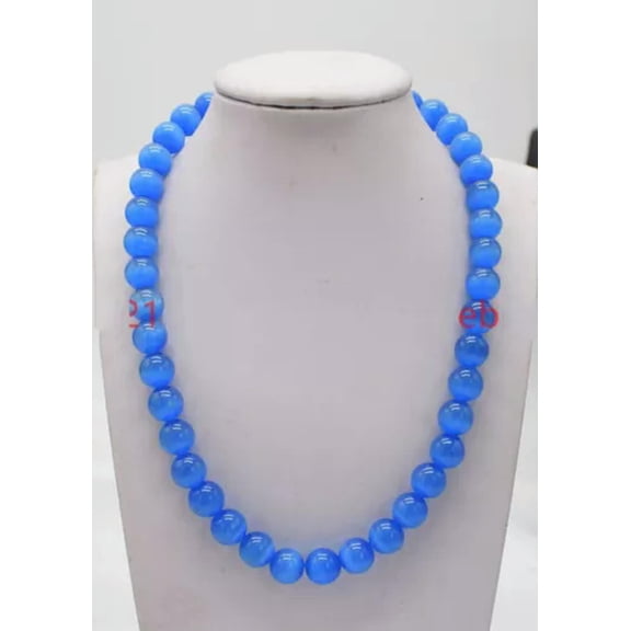 K-KED Pretty 6/8/10/12mm Natural Multicolor Gemstone Round Beads Necklace 18" AAA+-8mm-Lake Blue Cat