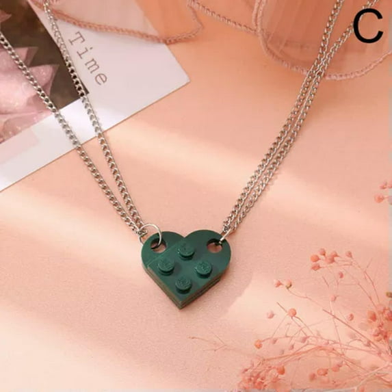 K-KED Punk 2Pcs Heart Brick Couples Love Necklace Women Men Lego Elements Gift Jewelry-Green