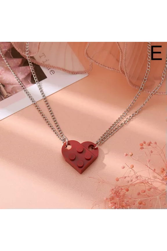 Punk 2Pcs Heart Brick Couples Love Necklace Women Men Lego Elements Gift Jewelry-Wine Red