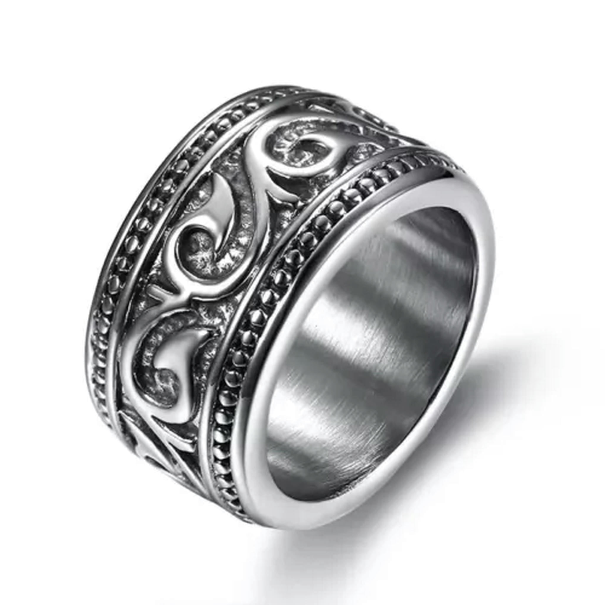 MOWEN Men's Vintage Kings Crown Ring | 8mm Wide 316L Stainless Steel Silver & Black Ring - View #3