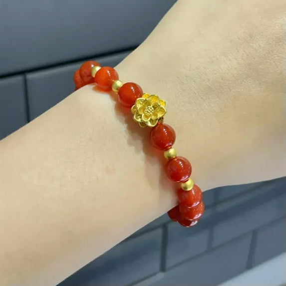 K-KED Pure 24K Gold Bracelet 3D Hard Gold Lotus Gold Bead Agate Jadeite Bracelet 7inch-Red Agate