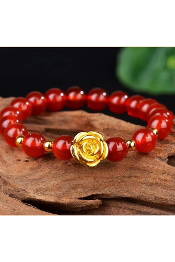 Pure 24K Yellow Gold Bracelet 3D Rose Flower With 8mm Red Agate Beaded Link-7inch