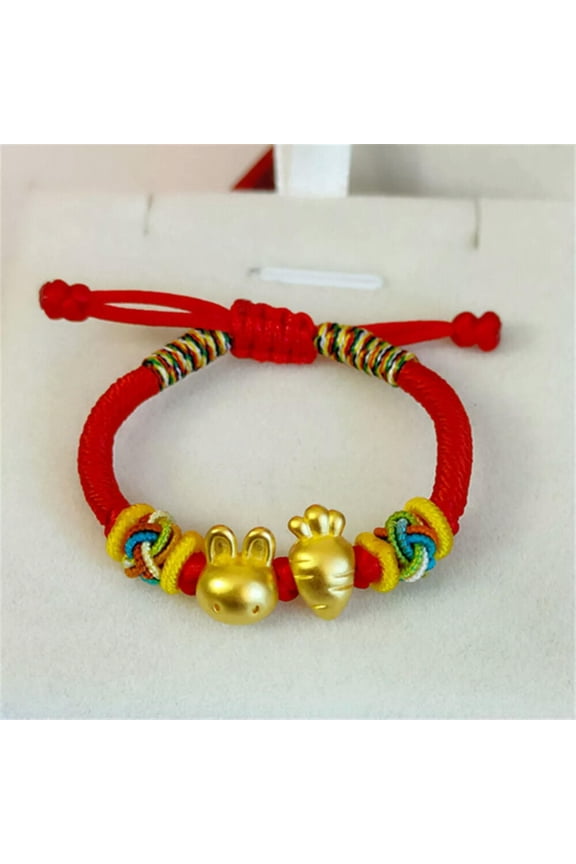 Pure 24K Yellow Gold Bracelet For Women 3D Rabbit Carrot Red String Fit Baby