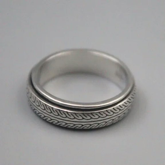 K-KED Pure 925 Sterling Silver Ring Men's Rotationally Carved Line Ring US Size 8-12-8