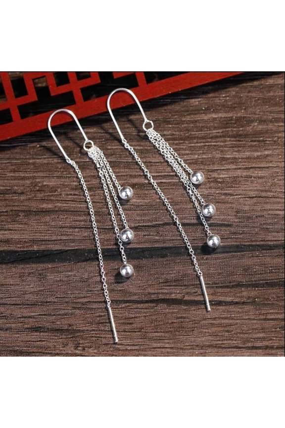 Pure 990 Fine Silver Dangle Women Gift Lucky Beads Chain Tassel Earrings