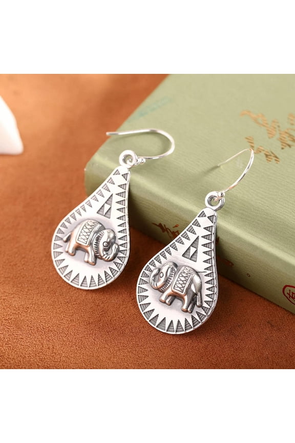 Pure 990 Fine Silver Women Lucky Carved Elephant Water Drop Dangle Earrings