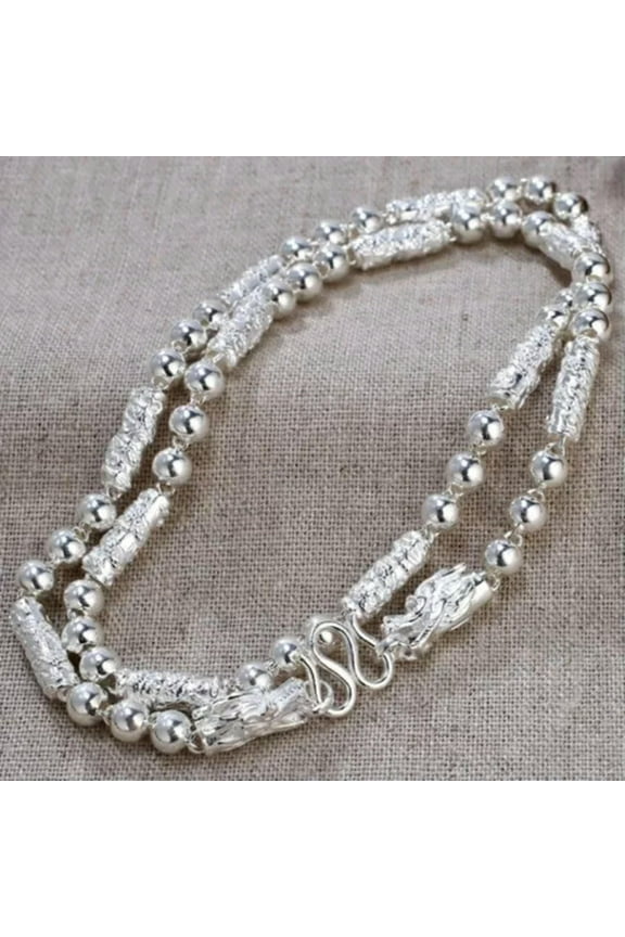 Pure 999 Fine Silver Chain Men Dragon Head Column Bead Link Necklace -4mm, 24g ,21.6inch