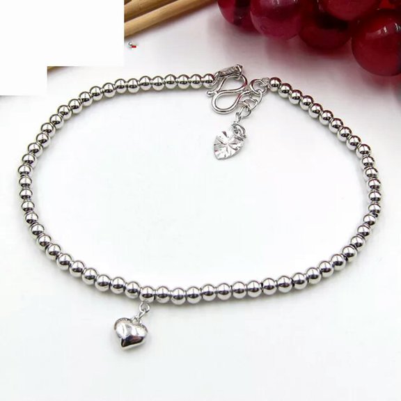 K-KED Pure Platinum Bracelet For Women Solid Pt950 Heart 3mm Beaded Link 6.5inchL