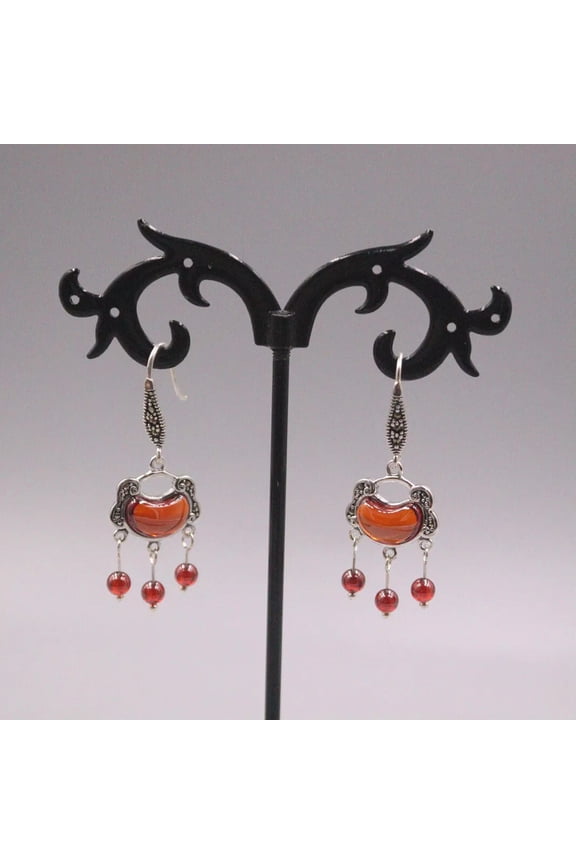 Pure Real 925 Sterling Silver Earrings Drop Red Garnet Longevity Lock Tassel