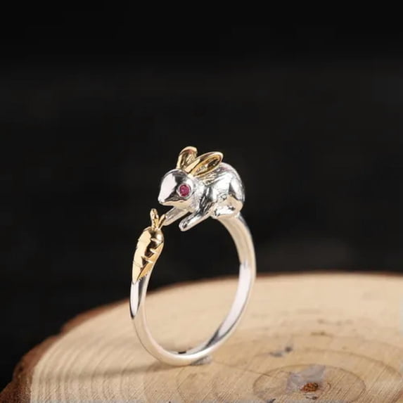 K-KED Pure S925 Sterling Silver Band Lucky Men Women Cute Rabbit Eats Radish Open Ring-default