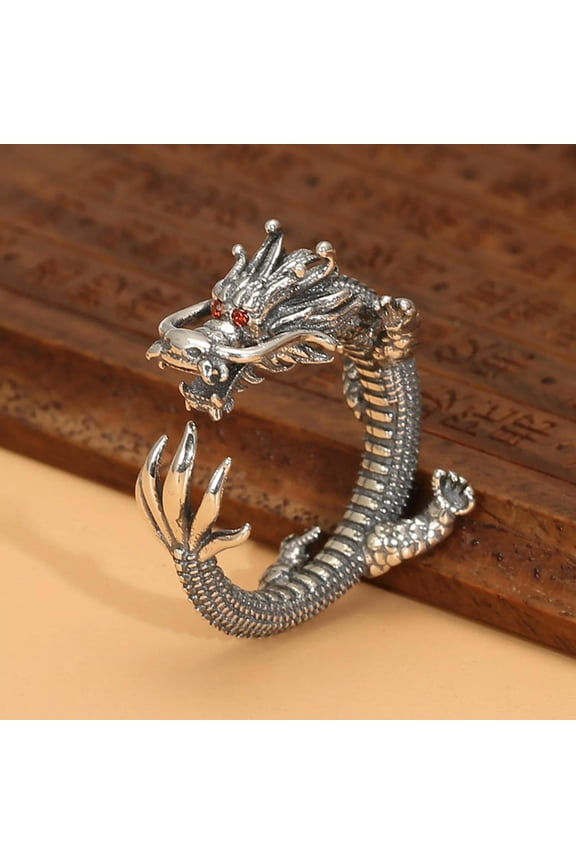 Pure S925 Sterling Silver Band Men Gift Five Claws Red Eye Dragon Open Ring 11g