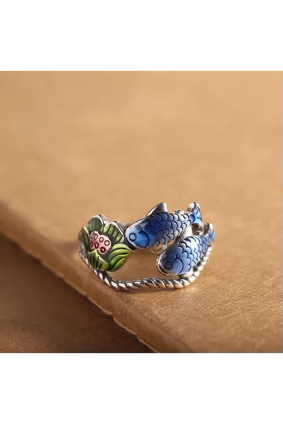 Pure S925 Sterling Silver Band Men Women Gift Enamel Double Fish Lotus Ring