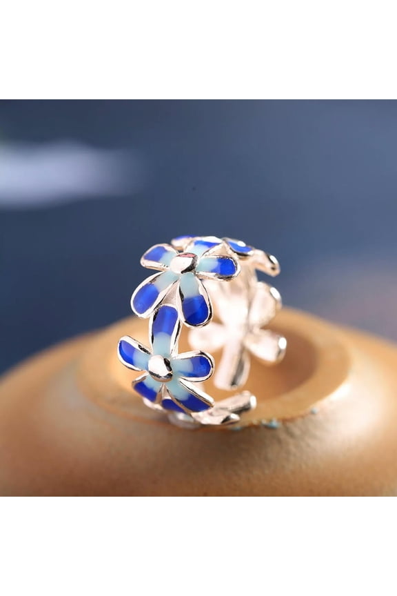 Pure S925 Sterling Silver Band Men Women Lucky Enamel Blue Flower Open Ring 5.1g