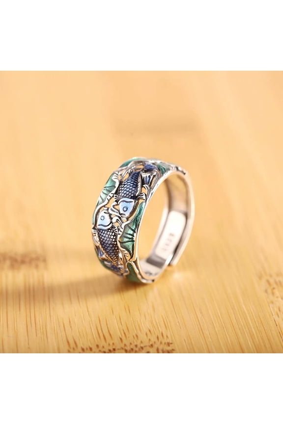 Pure S925 Sterling Silver Band Men Women Lucky Enamel Lotus Leaf Fish Ring
