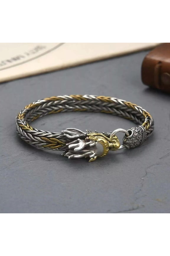 Pure S925 Sterling Silver Bangle 9mm Dragon Head Foxtail Bradid Bracelet 7.9inch