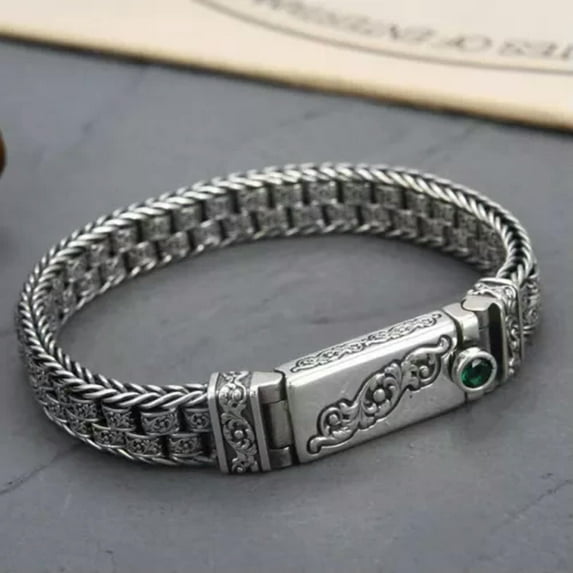 K-KED Pure S925 Sterling Silver Men 11mm Vintage Carved Leaf Weave Link Bracelet Gift-18cm/7inch-43-44g