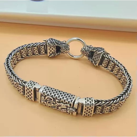 K-KED Pure S925 Sterling Silver Men 9mm Vintage Beaded Link Dragon Head Bracelet -20cm/7.87inch-48-49g