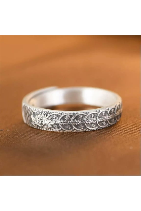 Pure S925 Sterling Silver Men Women Dragon Coin Open Ring 3.5g Us :6-10