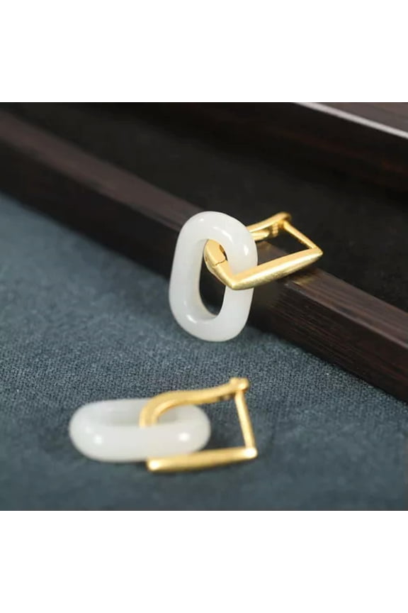 Pure S925 Sterling Silver Natural Jade Stud Women Circle Hoop Dangle Earrings