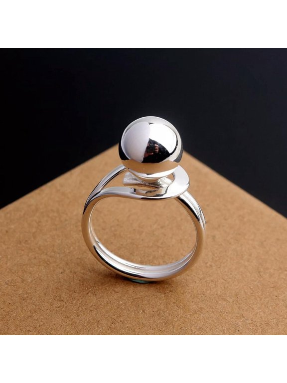 Pure S990 Fine Silver Band Women Lucky Smooth Glossy Round Bead Ball Ring