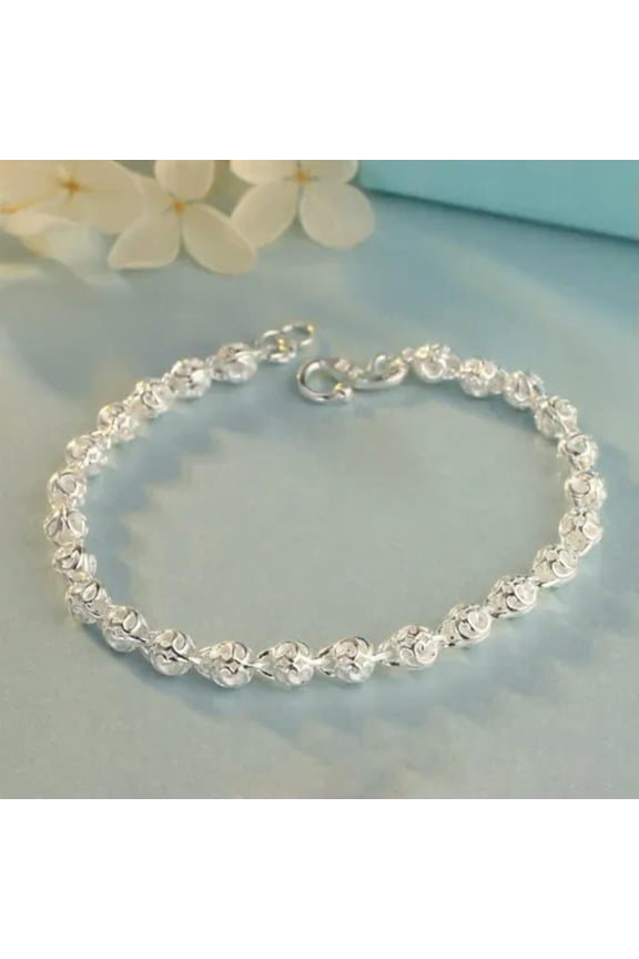 Pure S990 Fine Silver Chain Women Gift Carved Yuanbao Beads Link Bracelet -6.7inch