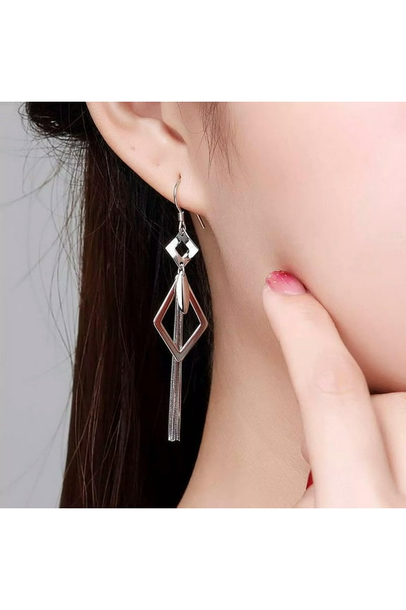 Pure S990 Fine Silver Dangle Women Lucky Rhombus Chain Tassel Long Earrings