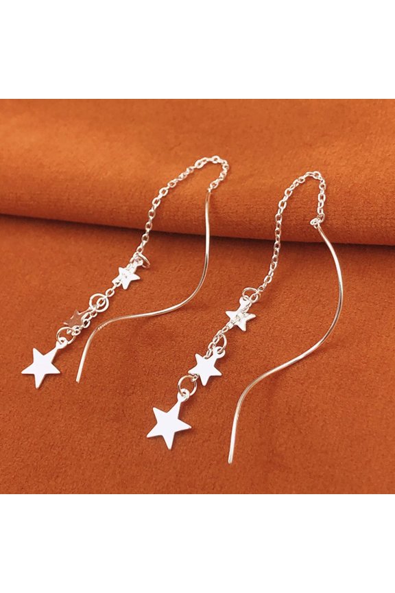 Pure S990 Fine Silver Dangle Women Lucky Star O Link Chain Tassel Earrings