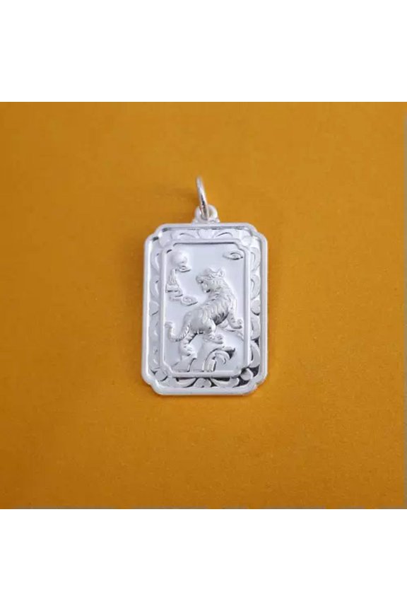 Pure S990 Sterling Silver New 12 Symbolic Animals Zodiac Square Oblong Pendant -Tiger