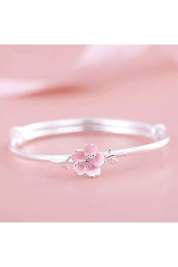 Pure S999 Fine Silver Bangle Women Pink Sakura Flower Adjust Bracelet 12g