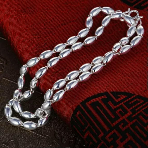 K-KED Pure S999 Fine Silver Chain Lucky Smooth Oval Full Olive Beads Link Necklace-5mm,17.7inch,18g