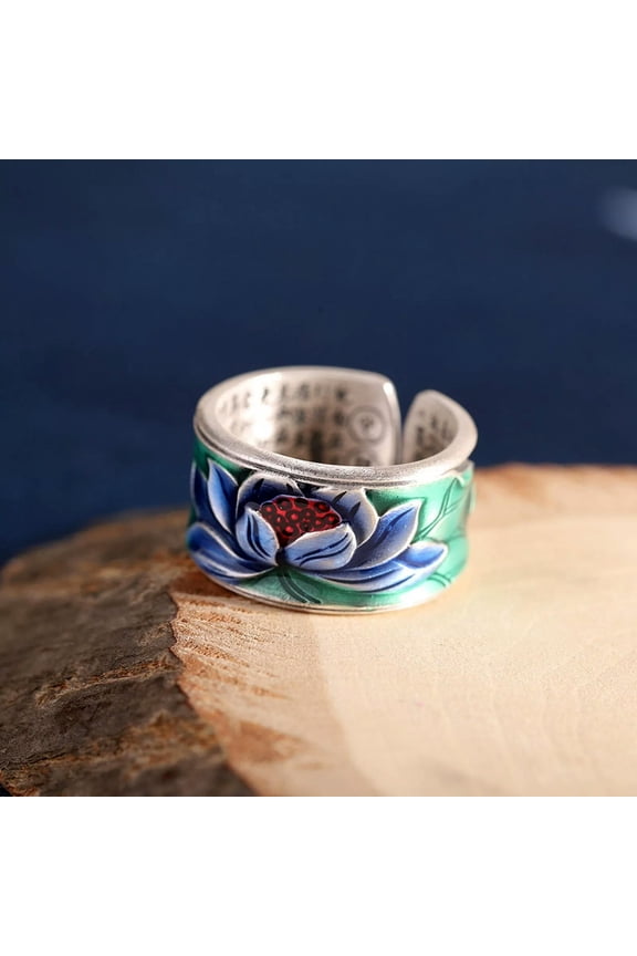 Pure S999 Sterling Silver Band Men Women Lucky Gift Enamel Lotus Open Ring 10.5g