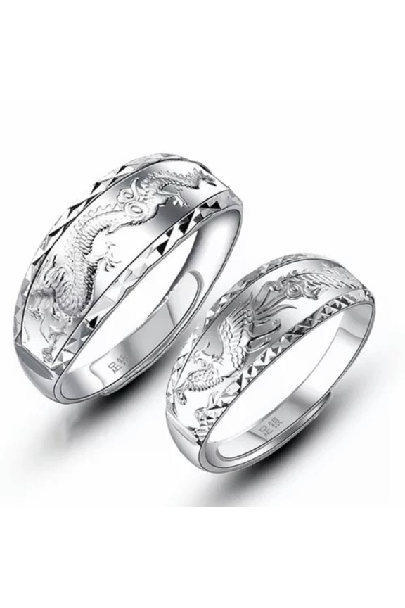 Pure Silver Ring For Women Men Dragon Phoenix Pattern Lover Ring Lucky Gift Ring-A pair