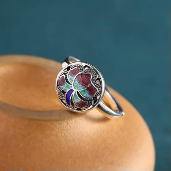 K-KED Pure Sterling Silver Ring Women Lucky Enamel Round Lotus Flower Band Ring