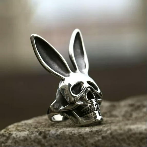 K-KED Rabbit Mask Skull Bunny Ears Ring Stainless Steel Men's Gothic Ring Size 7-13-8