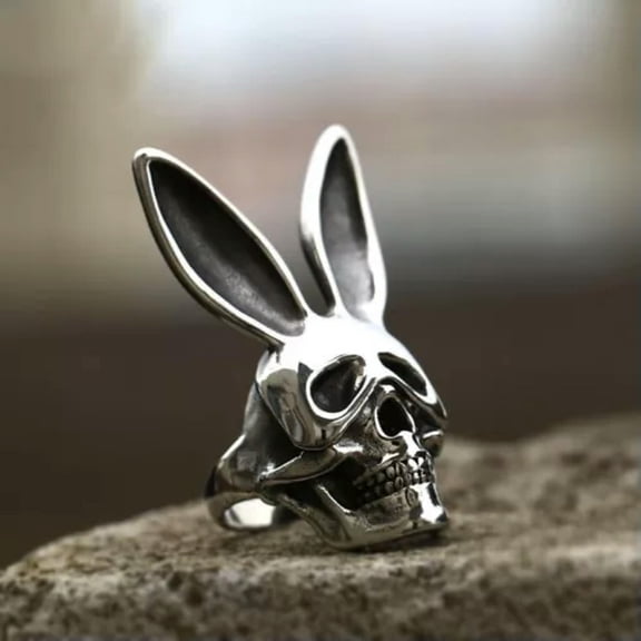 K-KED Rabbit Mask Skull Bunny Ears Ring Stainless Steel Men's Gothic Ring Size 7-13-9