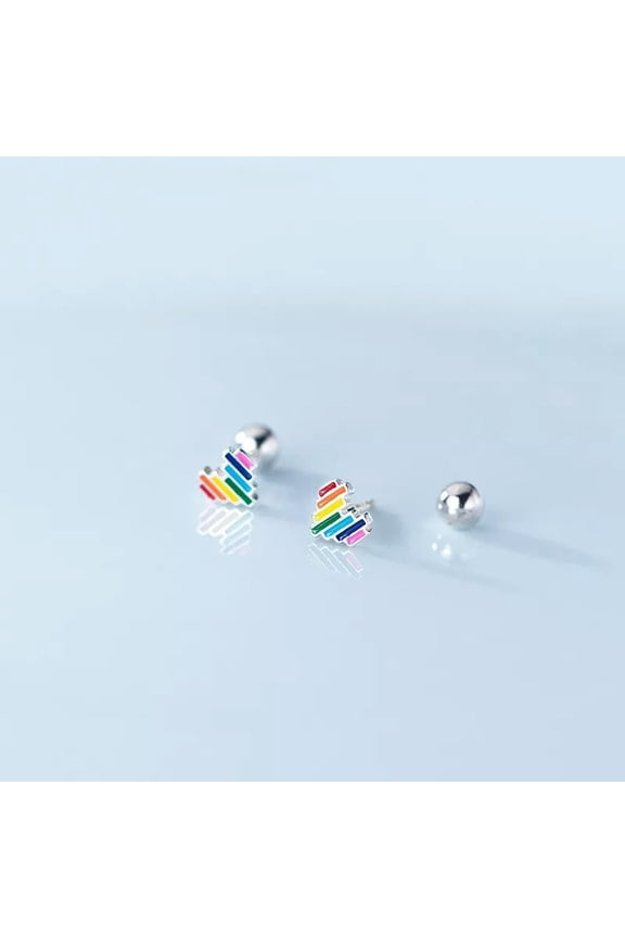 Rainbow Love Heart Stud Earrings 925 Sterling Silver Screw Backs