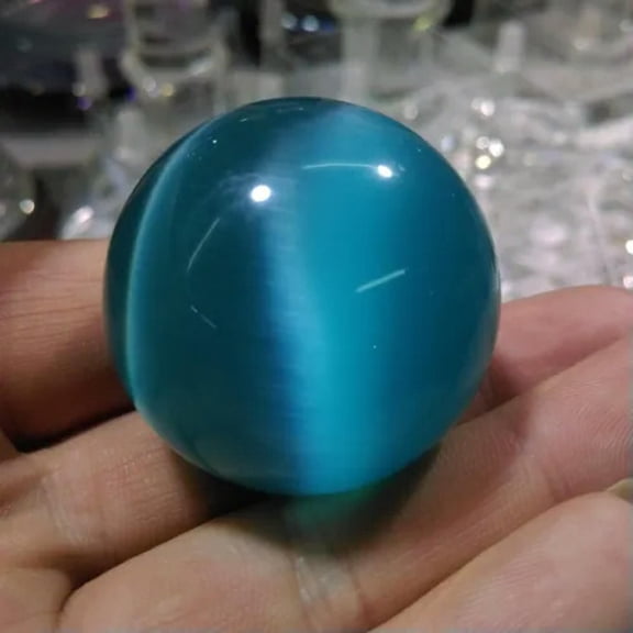 K-KED Rare Natural Quartz blue Cat Eye Crystal Healing Ball Sphere 38-40mm Stand 95g