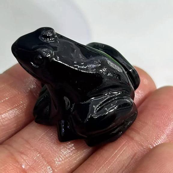 K-KED Raw Natural Black Obsidian Quartz Crystal Skull Carved Frog Healing Stone Mascot-default