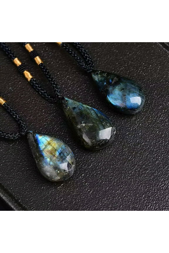 Raw Natural Labradorite Quartz Water Drop Pendant Crystal Necklace Healing Stone-default