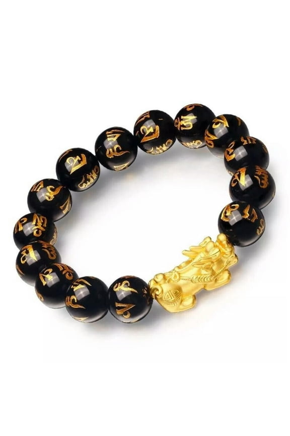 Real 24K Yellow Gold Bracelet 3D Bless Pxiu Dragon Six Sutra Agate Bead 6.7inch